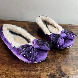 Pretty You London Slippers 5/6 Purple Velour Velvet Faux Fur Lined  Mesh Bow New